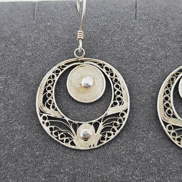 Vintage 925 Sterling Silver Drop Statement Earrings Delicate Filigree Regal - Picture 2 of 6